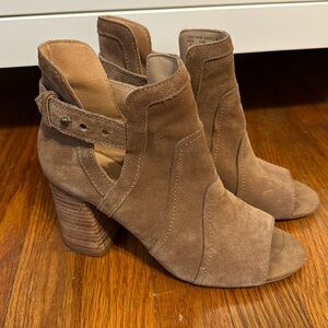 Joe’s Tan Suede heeled bootie with open toe and buckle